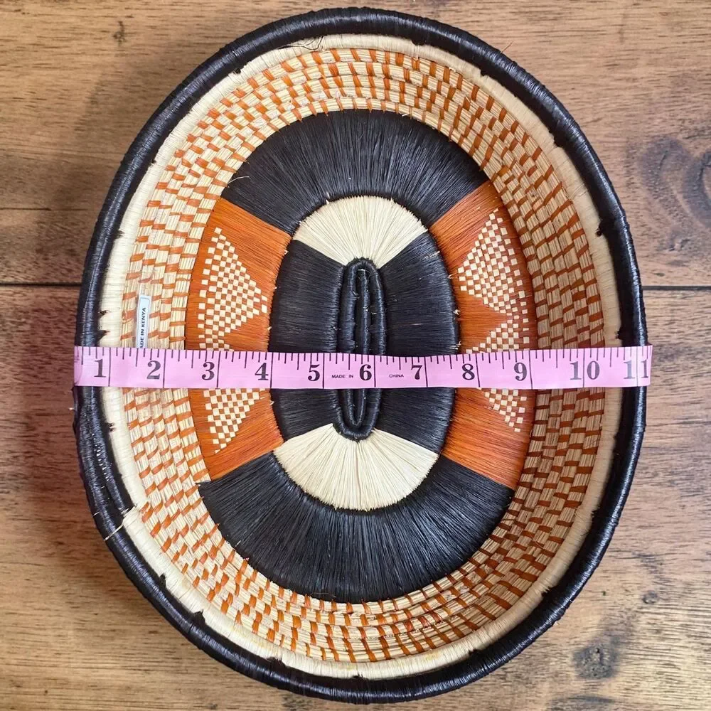 Handmade Kenyan Woven Sisal Basket 11x13 Oval Geometric Boho Bread Bowl Wall Art